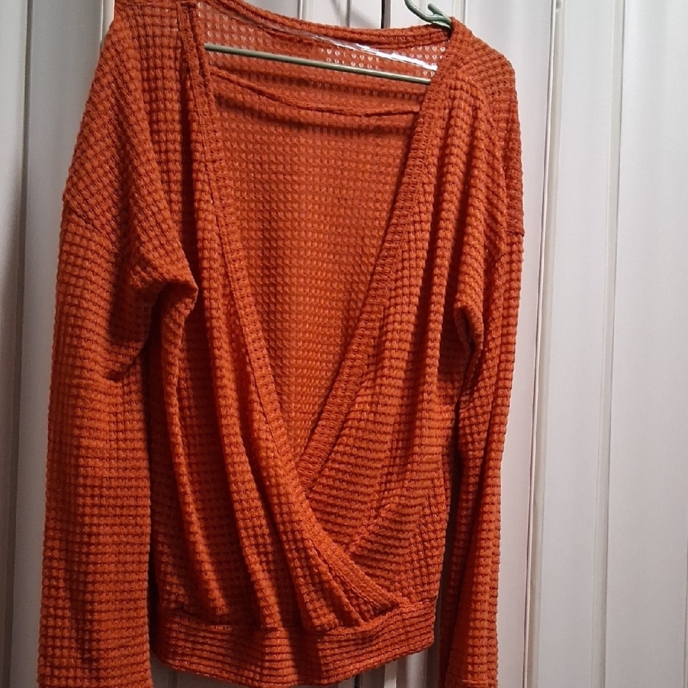 Orange V-Neck Sweater with Textured Knit